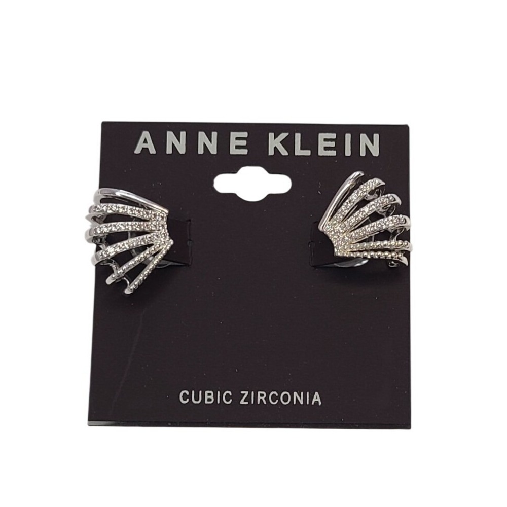 Anne Klein Cubic‎ Zirconia Fan Shape Hoop Earrings Silver Tone